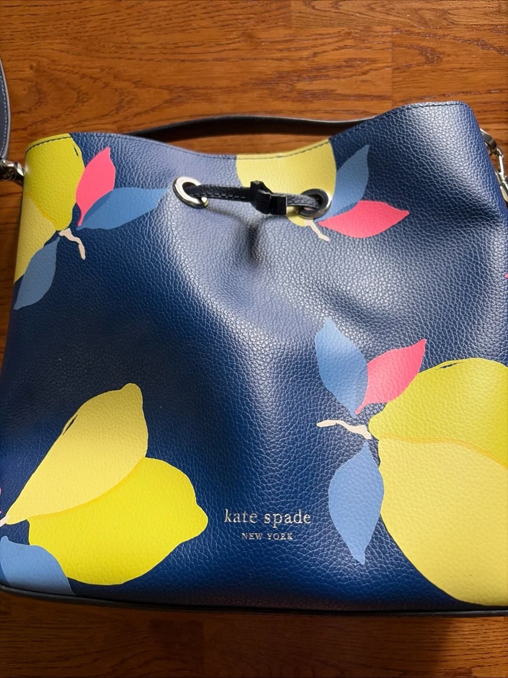 Kate Spade New York Eva Lemon Zest Tote Bag Large Bucket Leather Blue Yellow